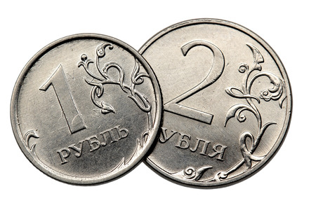 Two Russian coins one and two rubles are isolated on a white background