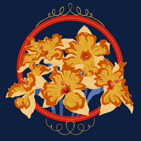 narcissus flower card element yellow on navyのイラスト素材