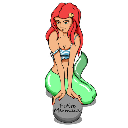 Little cartoon mermaid. Vector ginger girl in a frock with a fish tailのイラスト素材