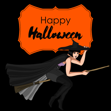 Halloween vector card. Witch flying on a broom.のイラスト素材
