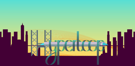 Hyperloop in the city futuristic illustraton. Concept of magnetic levitation train moving on the sky...