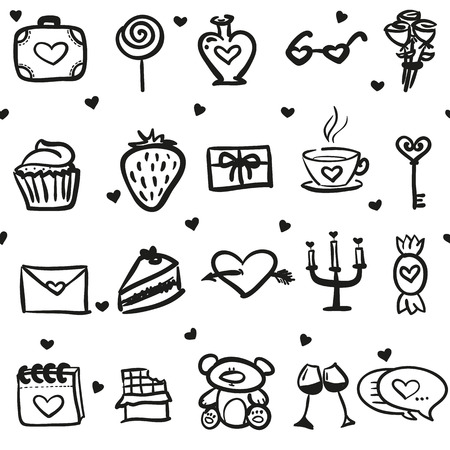 Vector love seamless pattern made of doodle hand drawn hearts and romantic things. Pattern for design greeting cards on St Valentine's Day.のイラスト素材