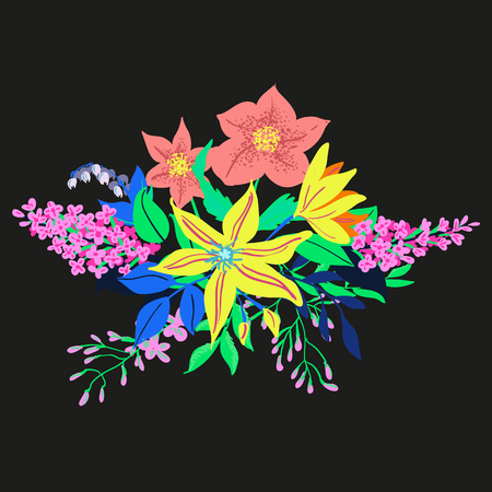 Vector rustic flowers composition. Bright spring flowers bouquet. Hand drawn vibrant flowers for wedding invtations and greeting cards.のイラスト素材