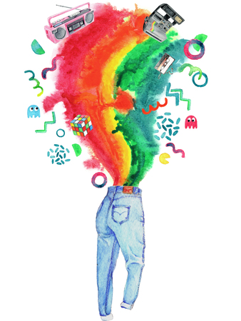 Watercolor Retro 1980s Objects and Splash Illustration Backgroundの写真素材