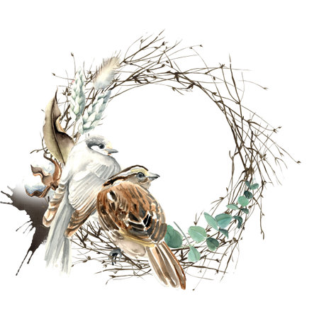 Watercolor Bird and Cotton Half Wreath Cardの写真素材