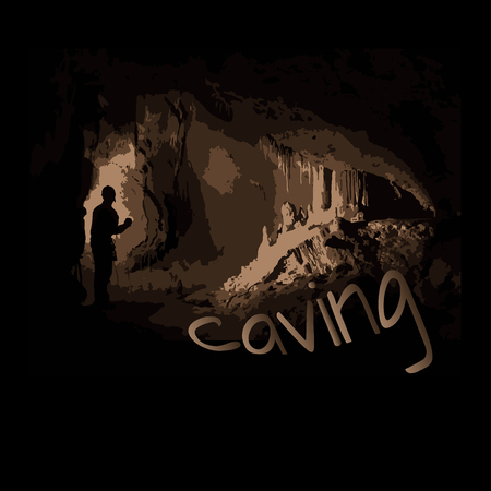 dark silhouette of a man in a cave, stalactites and stalagmitesのイラスト素材
