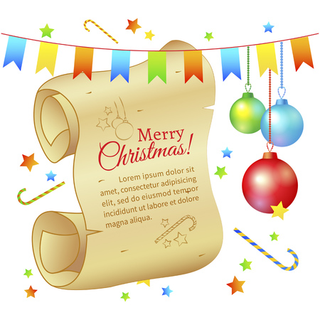 Greeting Card, ancient scroll, space to write greetings, festive flagsのイラスト素材