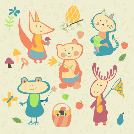 set of cute animals: fox, cat, frog, bear, elkのイラスト素材