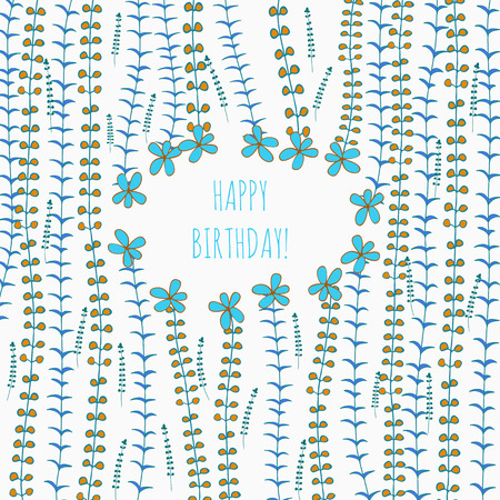Invitation and greeting card for a birthday. Round the banner on the background of wildflowers. Vector illustrationのイラスト素材