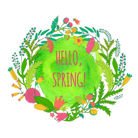 Round frame of wildflowers for the summer and spring design on watercolor background. To design invitations for her birthday, wedding, summer and spring design. Vector illustration.のイラスト素材