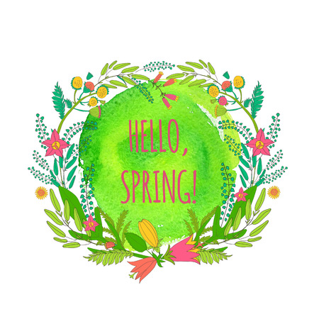 Round frame of wildflowers for the summer and spring design on watercolor background. To design invitations for her birthday, wedding, summer and spring design. Vector illustration.のイラスト素材
