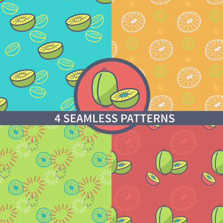 Set seamless retro pattern of topical fruit. The design of the kiwi and motives kiwi packaging, textiles, paper. Vector illustrationのイラスト素材