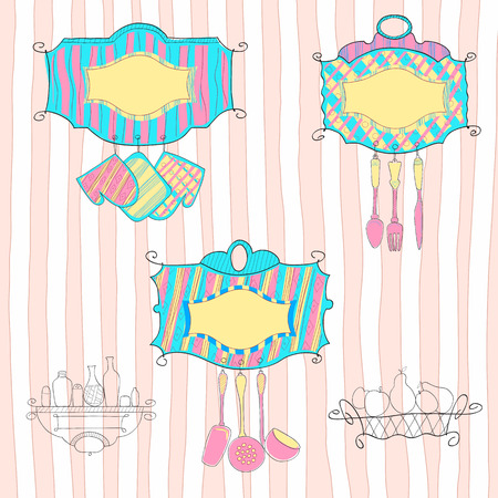Sticker and label design for food packaging and kitchen utensils. Vector illustrationのイラスト素材