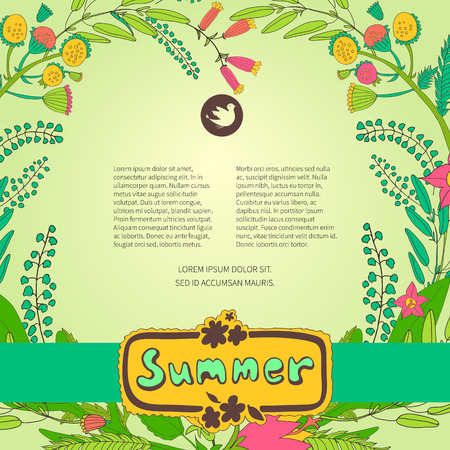 Template summer design posters, invitations and banners on floral background of wildflowers. Vector illustrationのイラスト素材
