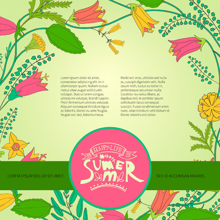 Template summer design posters, invitations and banners on floral background of wildflowers. Vector illustrationのイラスト素材