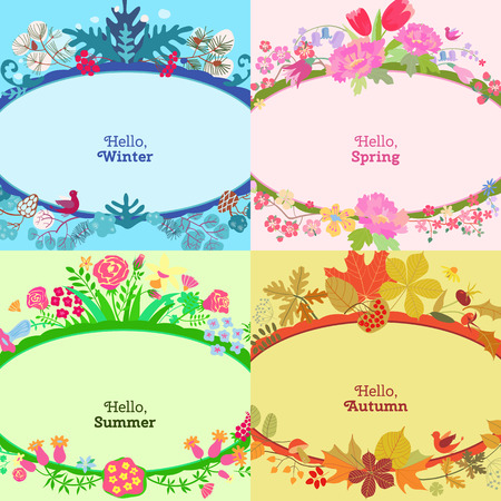 Four seasons card.  Spring, summer, autumn, winter design. Concept seasons greeting and holiday card. Vector illustrationのイラスト素材