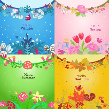 Four seasons card.  Spring, summer, autumn, winter design. Concept seasons greeting and holiday card. Vector illustrationのイラスト素材