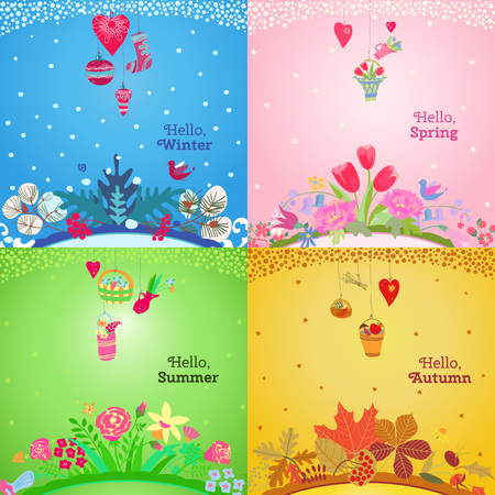 Four seasons card.  Spring, summer, autumn, winter design. Concept seasons greeting and holiday card. Vector illustrationのイラスト素材