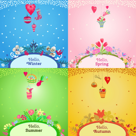 Four seasons card.  Spring, summer, autumn, winter design. Concept seasons greeting and holiday card. Vector illustrationのイラスト素材