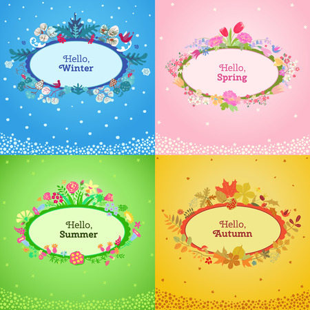 Four seasons card.  Spring, summer, autumn, winter design. Concept seasons greeting and holiday card. Vector illustrationのイラスト素材