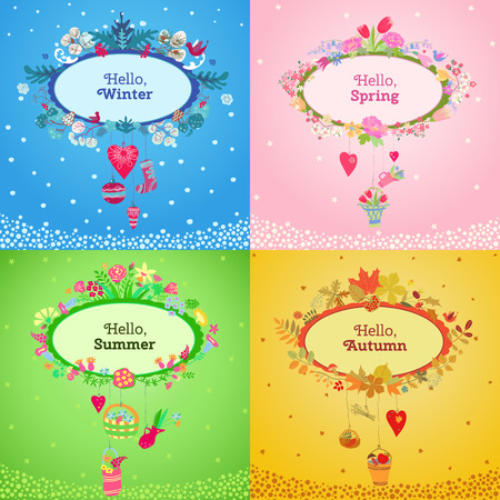 Four seasons card.  Spring, summer, autumn, winter design. Concept seasons greeting and holiday card. Vector illustrationのイラスト素材