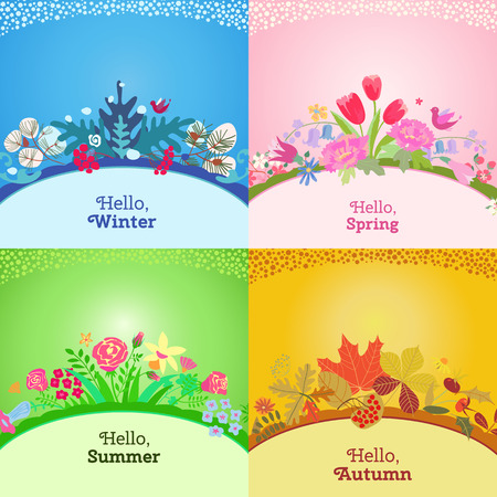 Four seasons card.  Spring, summer, autumn, winter design. Concept seasons greeting and holiday card. Vector illustrationのイラスト素材
