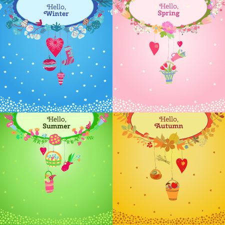Four seasons card.  Spring, summer, autumn, winter design. Concept seasons greeting and holiday card. Vector illustrationのイラスト素材