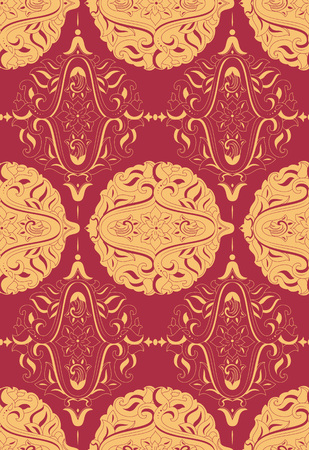 Damask vintage seamless pattern for design of packaging, paper, textiles, scrapbooking and decoupage. Baroque pattern. Gold and red seamless pattern. Vector illustrationのイラスト素材