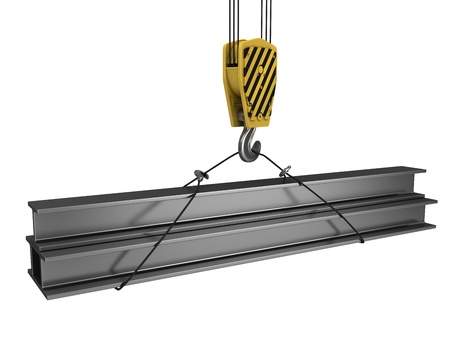 Crane hook lifts up few H girders isolated on white background Crane hook lifts up few H girders isolated on white background