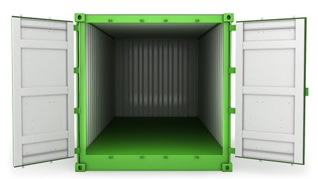 Opened green freight container isolated on white background, front viewの写真素材