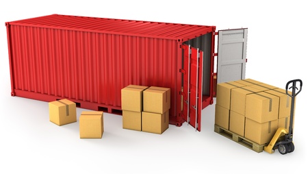 Red opened container and many of carton boxes on a pallet, isolated on white background