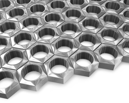 A lot of screw nuts isolated on white backgroundの写真素材