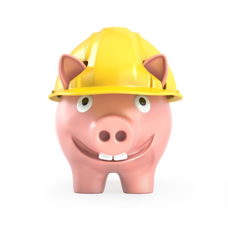 Piggy bank wears yellow helmet, front view isolated on white backgroundの写真素材