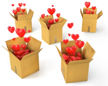 A lot of carton boxes with red hearts flying out of them, isolated on white background