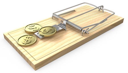 Few golden coins on a mouse trap, isolated on white backgroundの写真素材
