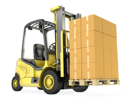 Yellow fork lift truck with big stack of carton boxes, isolated on white backgroundの写真素材