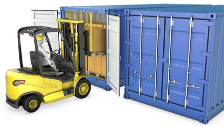 Yellow fork lift truck unloads cargo container, isolated on white backgroundの写真素材
