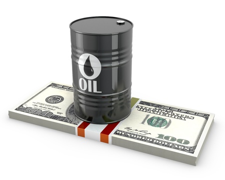 Barrel of oil on a pack of dollars, isolated on white backgroundの写真素材