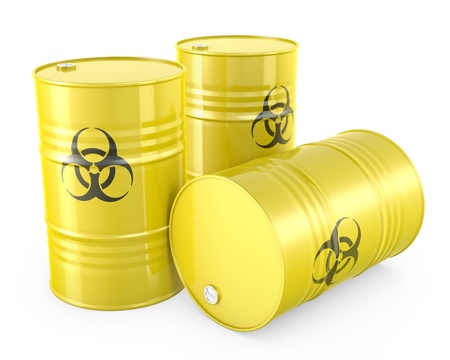 Three yellow barrels with biohazard symbol, isolated on white backgroundの写真素材