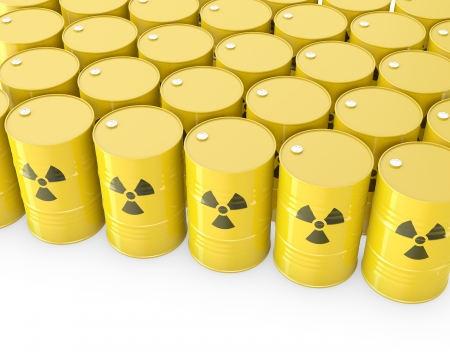 Barrels with radioactive symbol, isolated on white backgroundの写真素材