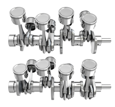 V8 engine pistons on a crankshaft, two positions, isolated on white backgroundの写真素材