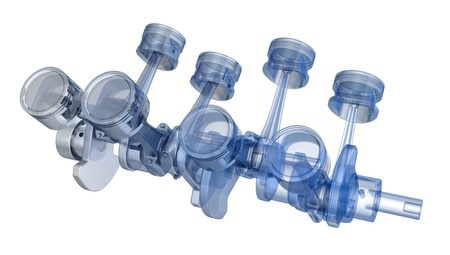 V8 engine pistons on a crankshaft, half x-ray version on black backgroundの写真素材