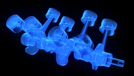 V8 engine pistons on a crankshaft, blue x-ray version on black backgroundの写真素材