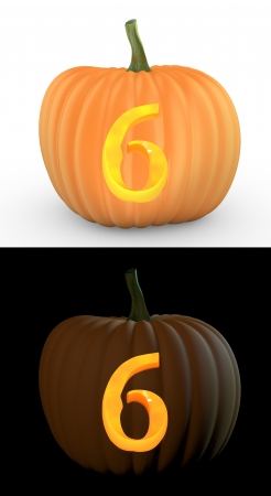 Number 6 carved on pumpkin jack lantern isolated on and white backgroundの写真素材