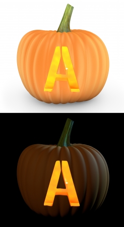 A letter carved on pumpkin jack lantern isolated on and white backgroundの写真素材