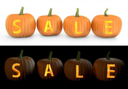 Sale text carved on pumpkin jack lantern isolated on and white backgroundの写真素材