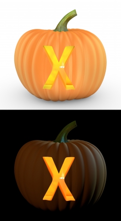 X letter carved on pumpkin jack lantern isolated on and white backgroundの写真素材