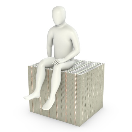 Abstract white man sits on pack of dollars, isolated on white backgroundの写真素材