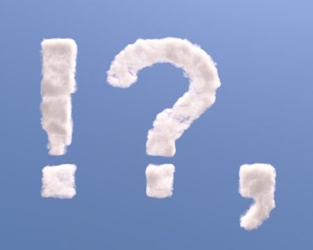 Question, exclamation and comma shape clouds, isolated on white backgroundの写真素材