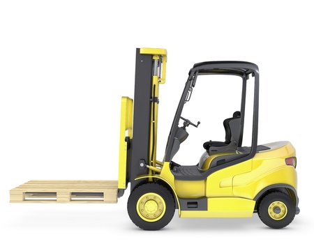 Yellow fork lift truck with pallet, isolated on white backgroundの写真素材